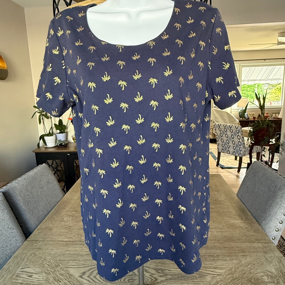 Karen Scott Womens Navy Blue Gold Metallic Palm Tree Print T-Shirt Size Medium